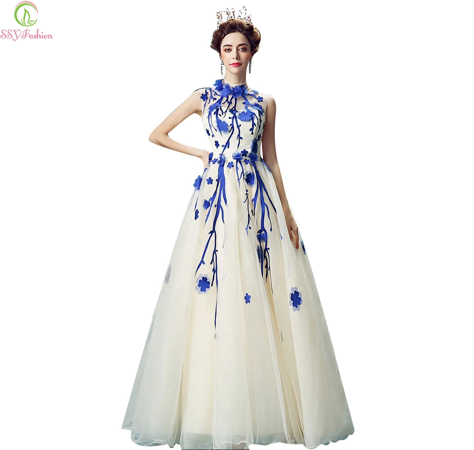 Online Get White Prom Dress With Blue Flowers Aliexpress White Prom Dress With Blue Flowers