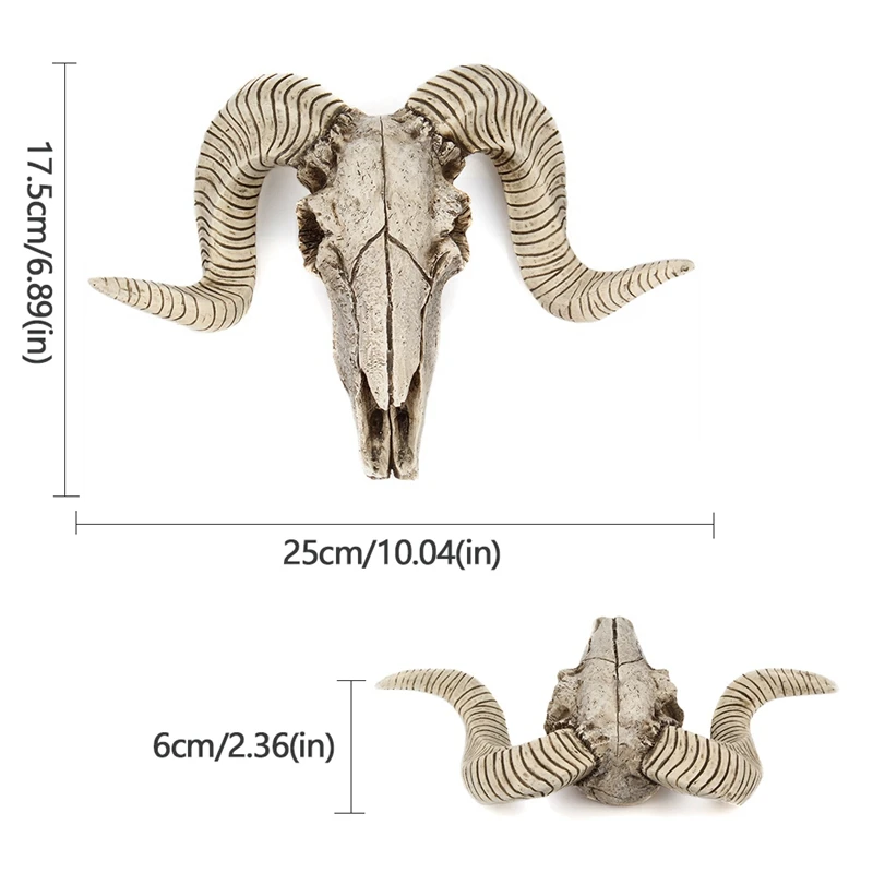 New-Creative Resin Sheep Head Skull Head Wall Hanging 3D Animal Longhorn Sculpture Figurines Crafts Horns Home Decor Ornaments