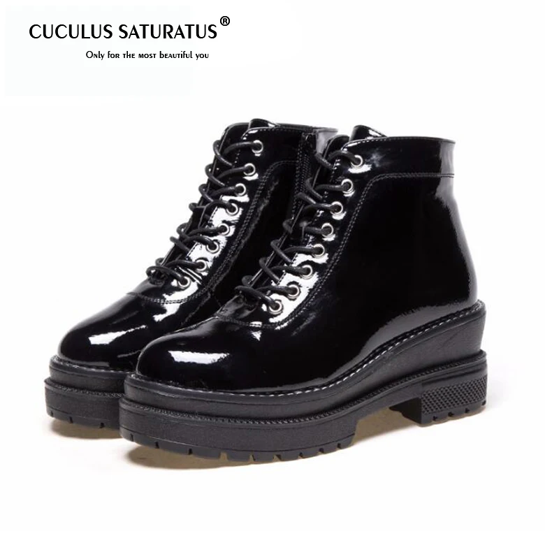 

Cuculus Plus Size Black Ankle Boots Women 6cm High Heels Leather Shoes Woman Winter Autumn Flat Platform Boots Women 35-40 1418