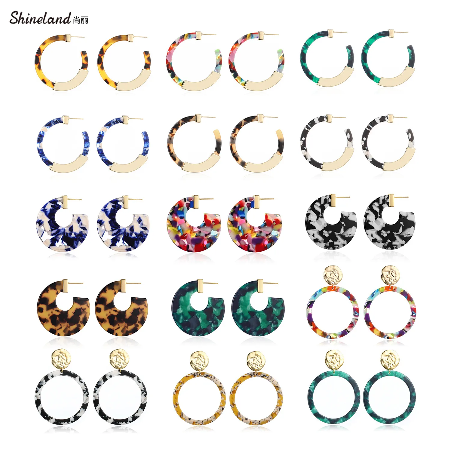 

Shineland New Fashion 3 Styles Leopard Print Tortoiseshell Resin Acrylic Geometric Colorful Circle Hoop Earrings for Women