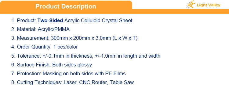 300 мм x 200 мм x 3,0 мм акриловые(ПММА) двухсторонние целлюлоидные хрустальные листы-1 шт/цвет