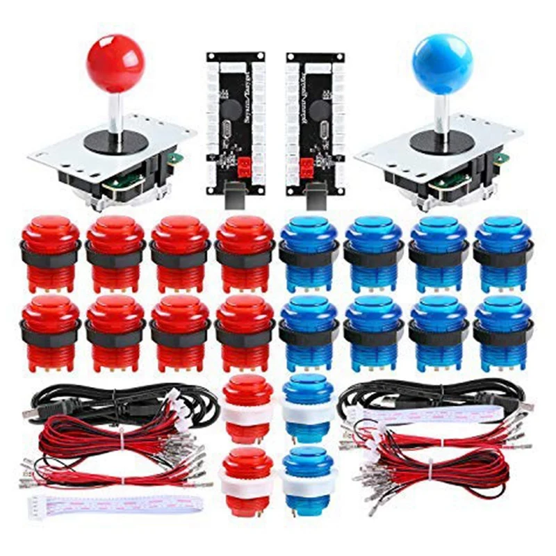 

2 Player Led Arcade Diy Parts 2X USB Encoder + 2X Joystick + 20x Led Arcade Buttons For PC, Mame, Raspberry Pi, Windows (Red &