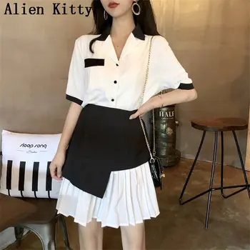 

Alien Kitty 2019 Summer Korea Stylish Two Piece Loose Short Sleeves Patchwork Shirt+Pleated High Waist Hit-Color Skirts Sets