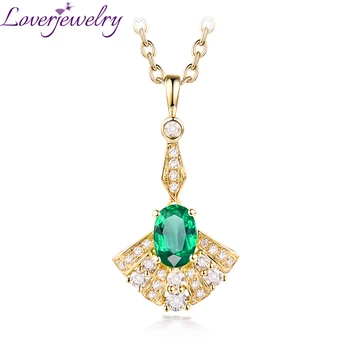 

LOVERJEWELRY Women Emerald Pendants Solid 14Kt/585 Yellow Gold Zambia Emerald Gemstone Genuine Diamonds Pendant For Engagement