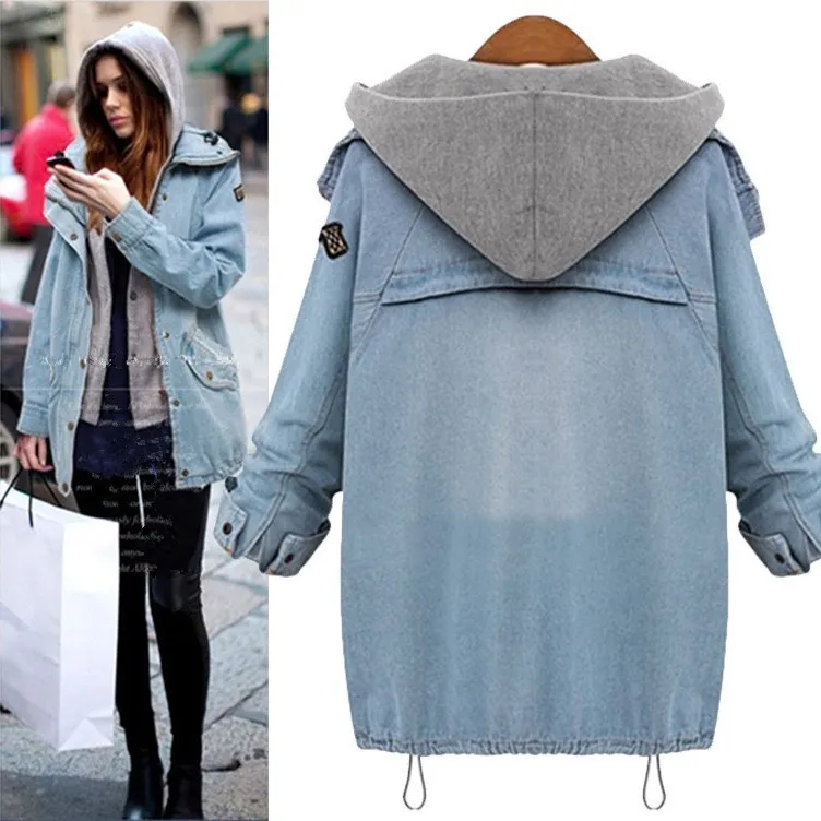 Autumn Hooded Jeans Jacket Solid Long Sleeve Single Breasted Denim Jacket Loose 2 Pieces Casual Cowboy Jeans Coat Streetwear
