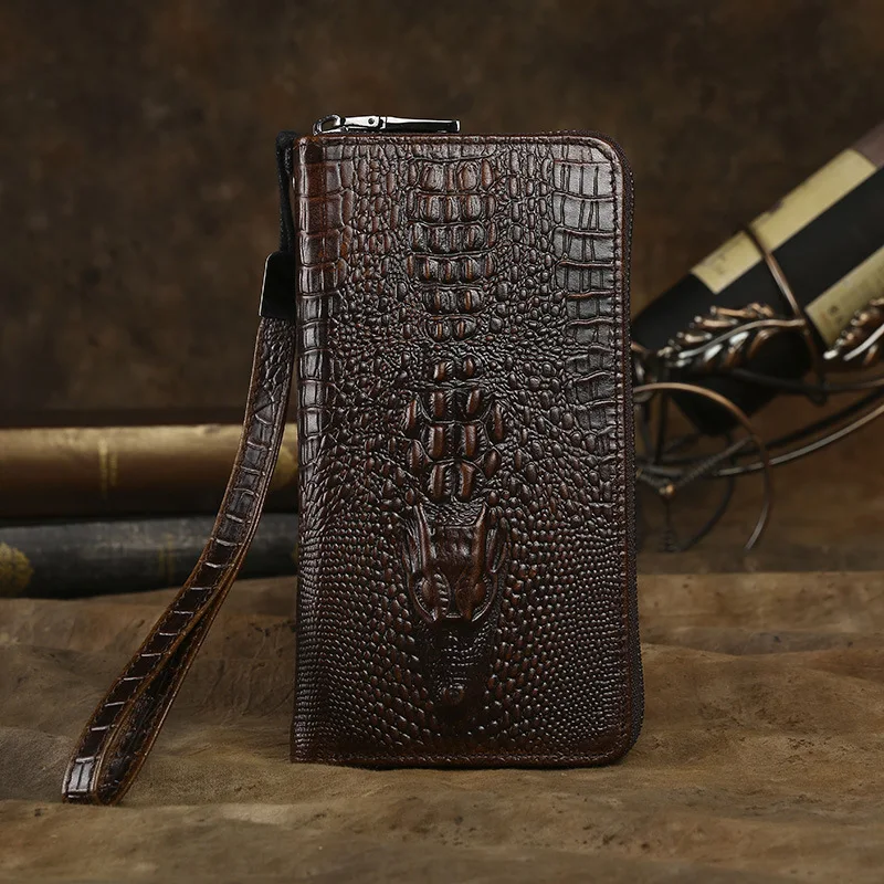 

2018 New Long Crocodile Cowhide Genuine Leather Wallet for Men Zipper Business Crocodile Leather Hand Purse Oil Wax Tide Men