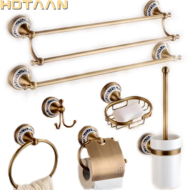 

Antique Brushed Solid Brass Bathroom Accessories Sets European Porcelain Bathroom Hardware Sets Ceramic Retro Bathroom Products