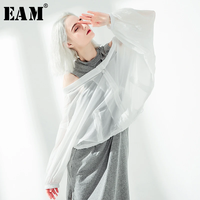 

[EAM] 2019 New Autumn Winter Round Neck long Sleeve Off Shoulder Perspective Stitch Loose Dress Women Fashion Tide JU732