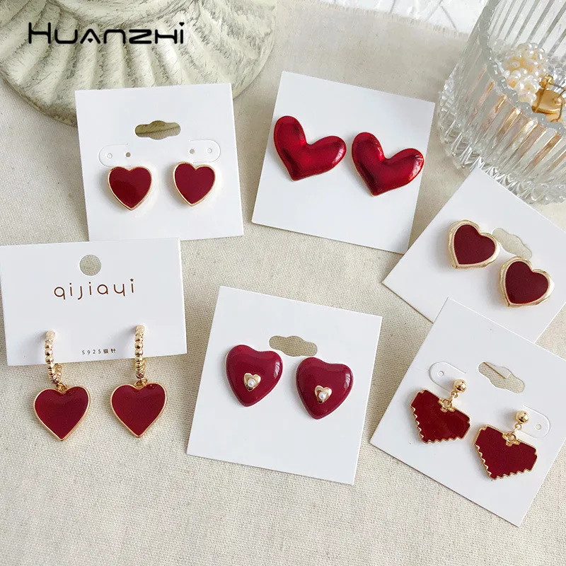 

HUANZHI 2019 New Red Enamel Heart Love S925 Elegant Simple Design Sweet Stud Earrings For Women Girls Wedding Travel Jewelry