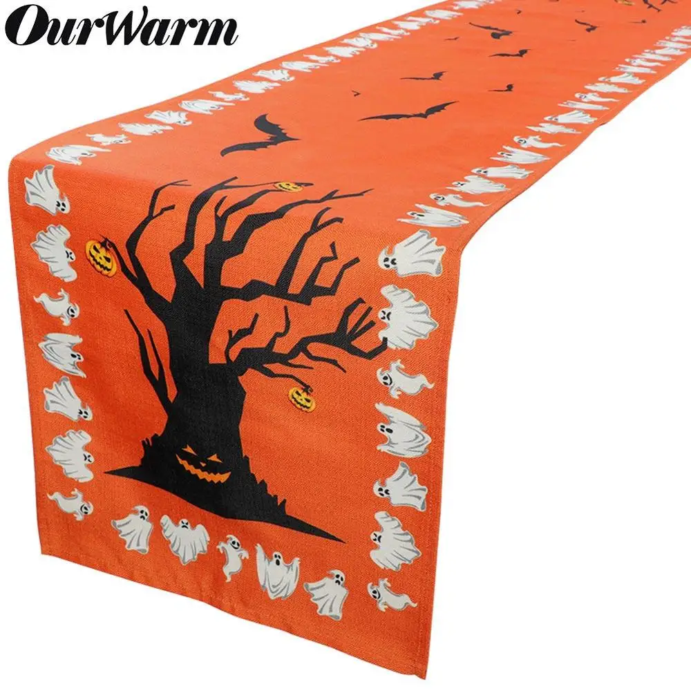 

OurWarm Halloween Burlap Table Runner Bat Ghost Pumpkin Table Cover Cloth for Home Table Decor Halloween Haunted House Props