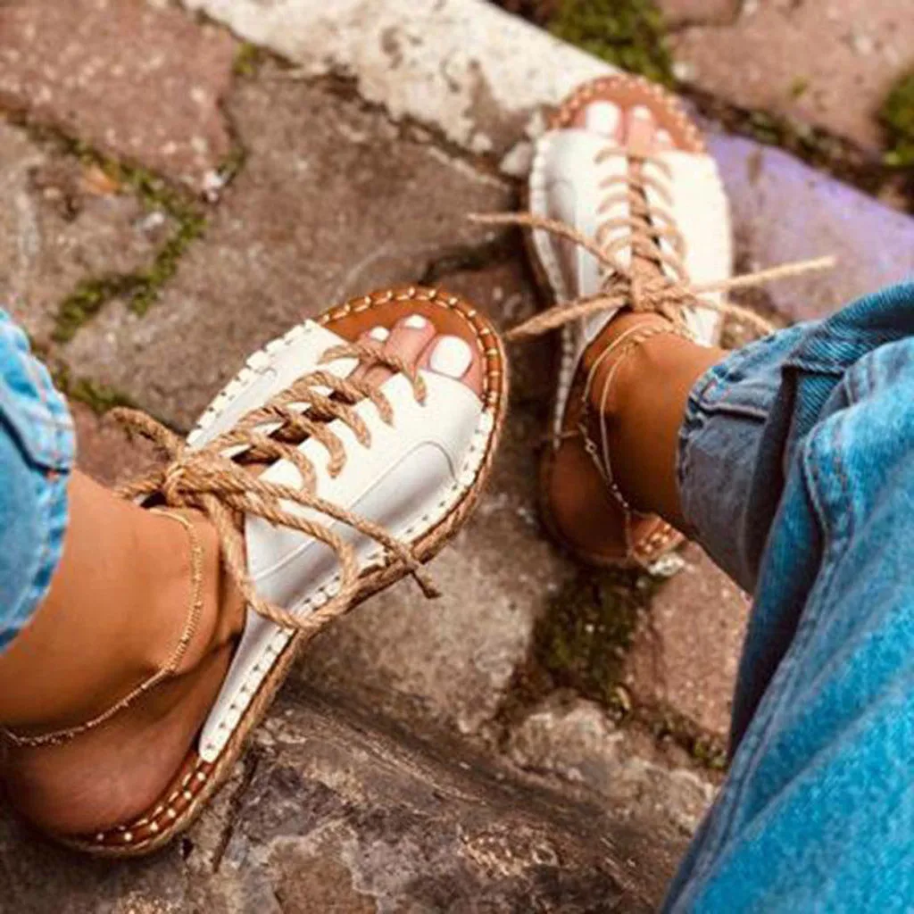 

Retro Bohemia Gladiator Open Toe zapatos mujer 2019 Lace-Up Flat Sandals Soft Bottom Comfortable flat shoes women buty damskie