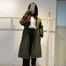 Новинка моды спине и рукавах Orange полосы молния унисекс армия зеленый пальто узкого кроя Весенняя женская длинная куртка с капюшоном
