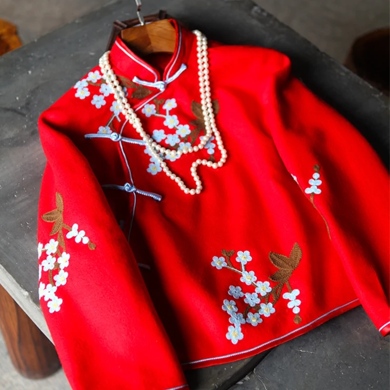 Видеть оранжевый ручной настройки китайский Florals красный Вышивка шерстяные Cheongsam толстые Винтаж куртка Топы корректирующие so3317