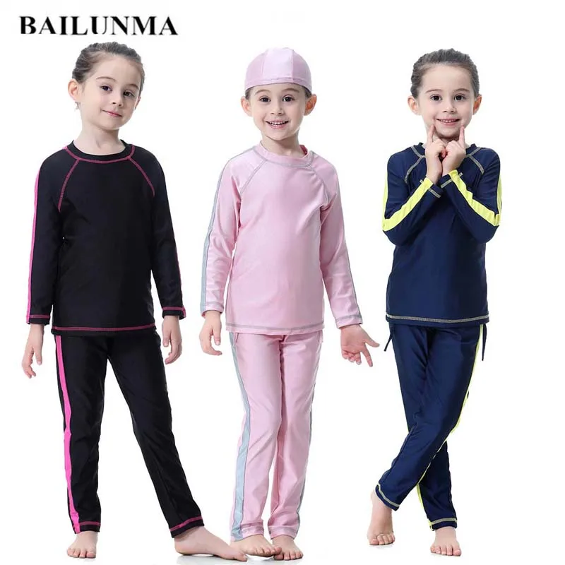 

3pcs Kid muslim swimsuit Girl's Conservative Cover Islamic swim wear Long Sleeve Swimwear Patchwork Swimming Suit With Cap B2009