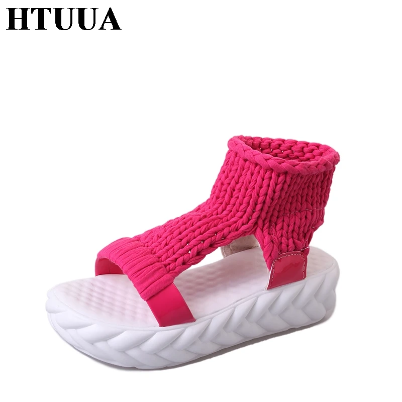 HTUUA/высококачественные шерстяные вязаные босоножки на танкетке женская обувь