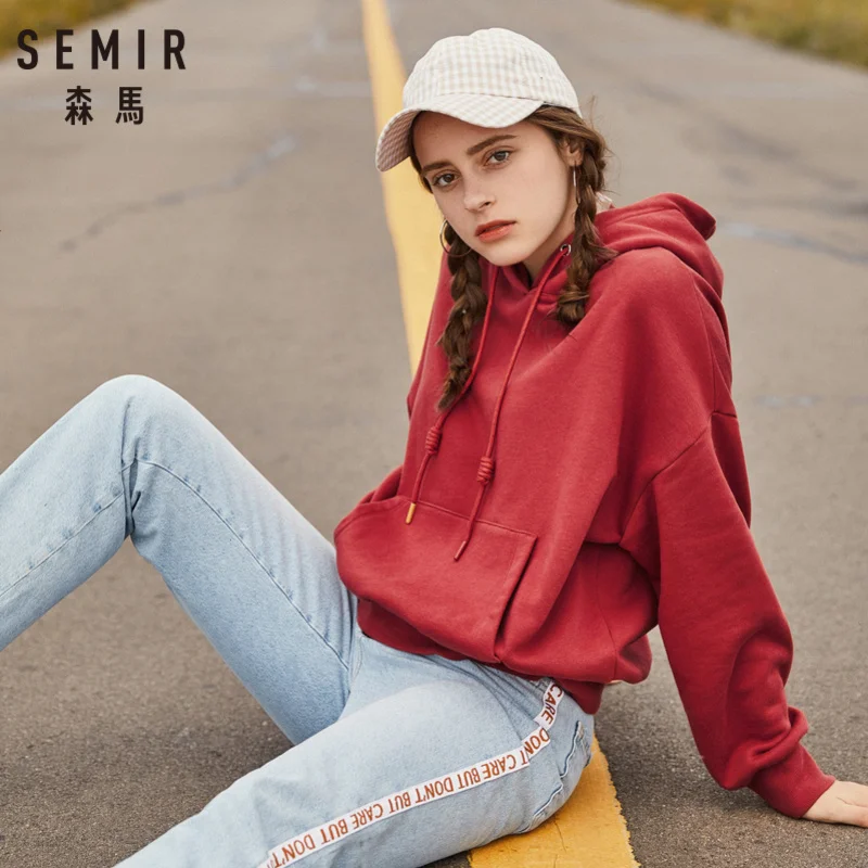 

SEMIR Women Fleece-Lined Hooded Sweatshirt Dropped Shoulder Pullover Hoodie with Lined Drawstring Hood Ribbing at Cuff and Hem