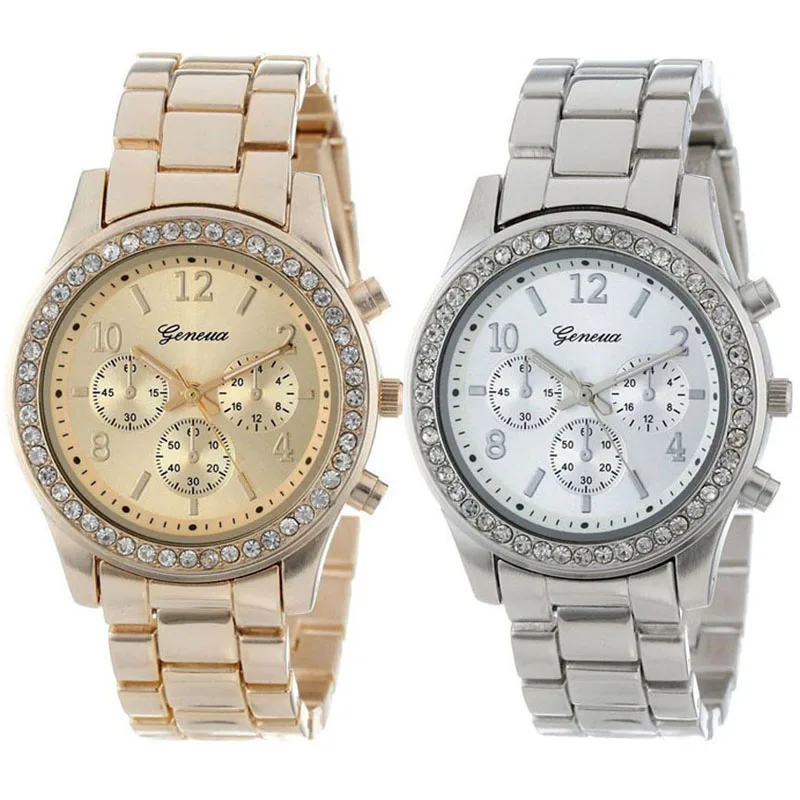 2PCS Geneva Silver and Gold Plated Classic Round Ladies Boyfriend Watch