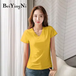 Beiyingni летняя Модная хлопковая Футболка женская хипстер с v-образным вырезом однотонная 10 цветов Корейская простая футболка женская