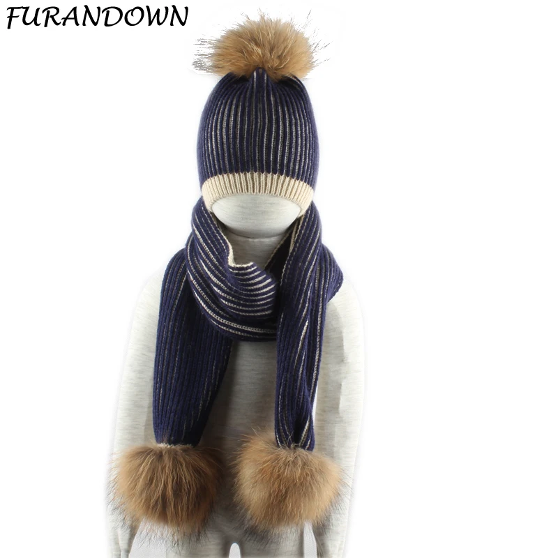 

Winter Hat For kids Patchwork Knitted Beanies Skullies Real Fur Pompom Hat and Scarf Set Children