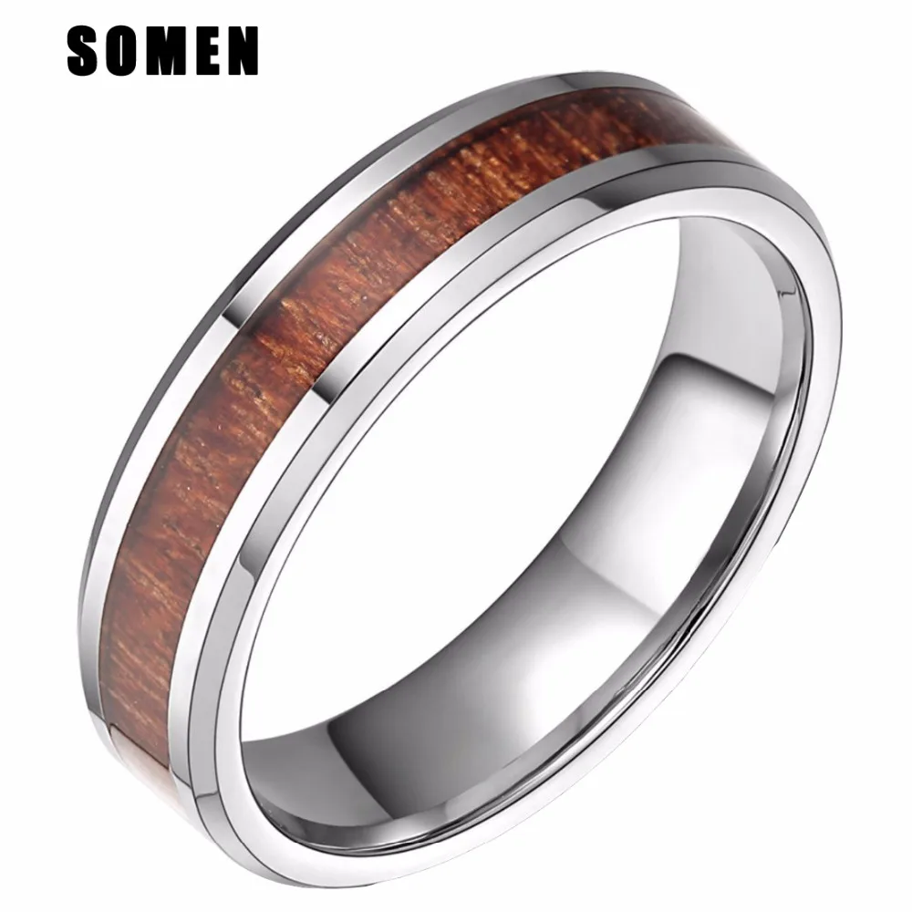 Кольцо из карбида вольфрама серебристого цвета с красным деревом 6 мм|wood ring