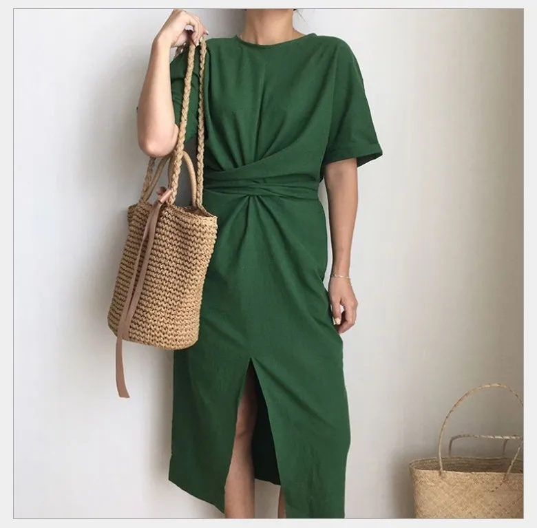 

[EWQ] 2019 summer new solid color cross tied bandwidth loose round neck natural waist retro fork women trend summer dress E4100