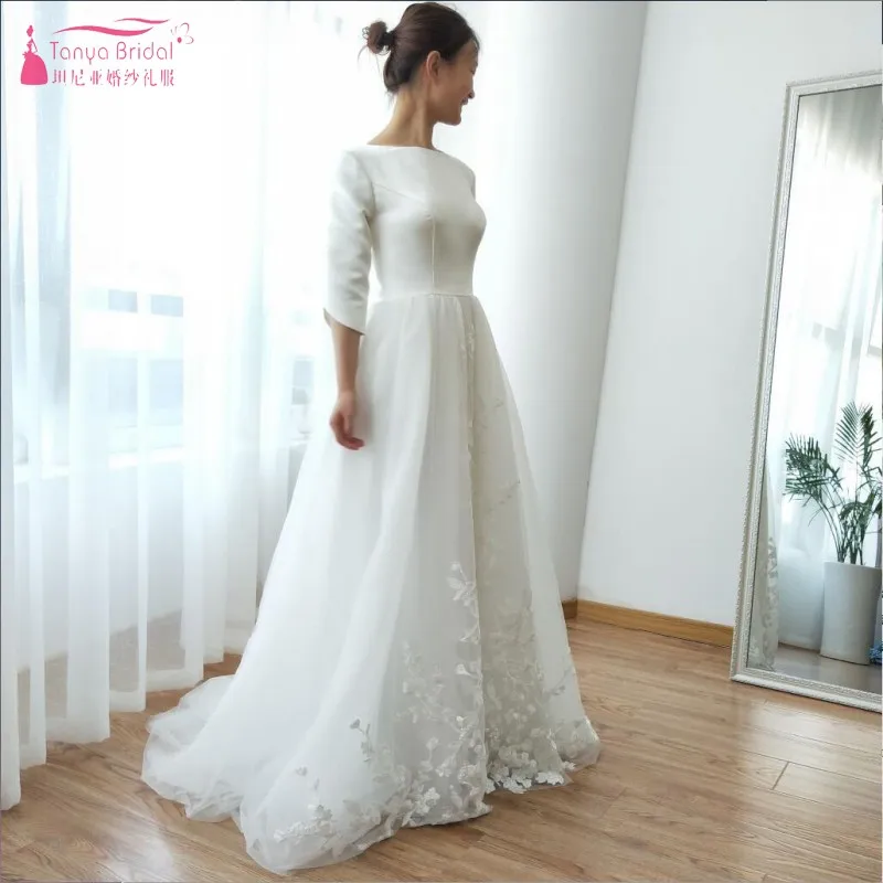 

Half Sleeve A Line Wedding Dresses 2018 Beach Late Summer Turkey Abiti Da Sposa Lace Appliques Tulle casamento gelinlik ZW046
