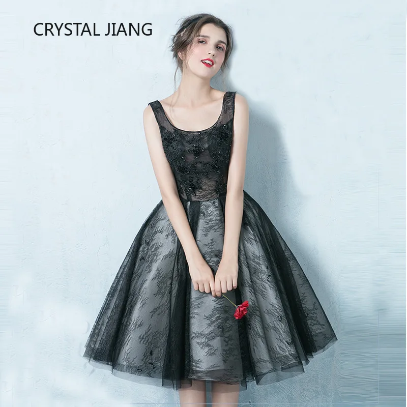 Hot New 2019 Black Lace A Line Sexy Cocktail Dresses Custom made Elegant Knee Legnth Dress Tulle Women | Свадьбы и торжества