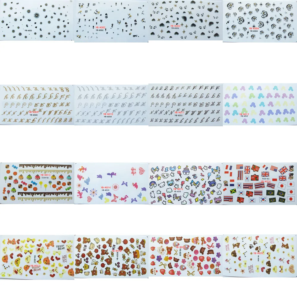 

2PCS YBK001-032 Cute Water Transfer Decal Nail Art Water Decal Cartoon Rose Letters Cake Flags Bear High-Heel Poker