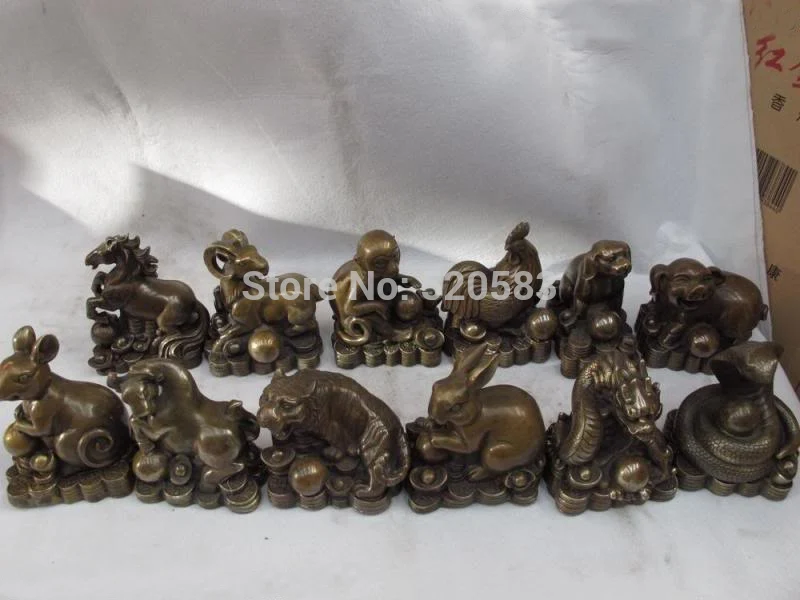 

Chinese folk Classical Copper Bronze Fengshui twelve zodiac animals Statue Set