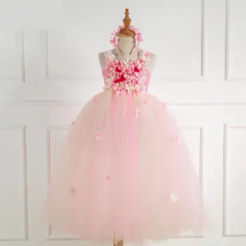 

Pink Champagne Hydrangea Flower Girl Dress Elastic Handmade Children Wedding Birthday Party Tulle Tutu Dresses Fairy Clothes