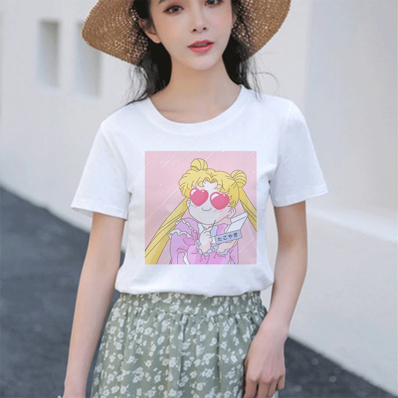 

Summer 2019 Korean Style Harajuku Vintage Kawaii Sailor Moon Aesthetic Couple T Shirt Vogue Casual Print Short Sleeve Women Top