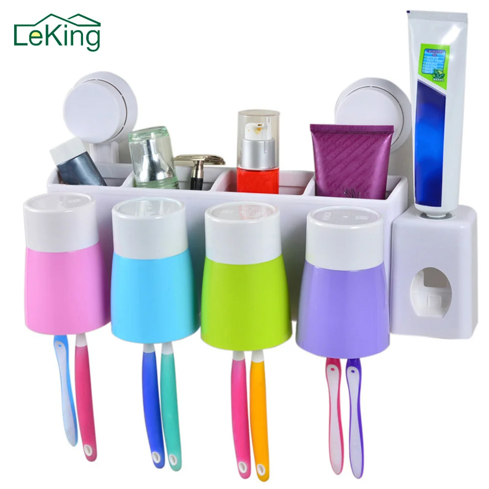 

LeKing Tooth Mugs Toothbrush Holder Set Home Automatic Toothpaste Dispenser Bathroom Accessories Suction Cups Rack Bath Sets