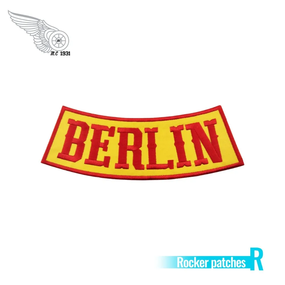 

Bandidos outlaw Berlin Rocker Embroidered Iron On Back of Jacket Patch Yellow twill fabric Free Shipping DIY Eco-Friendly Custom