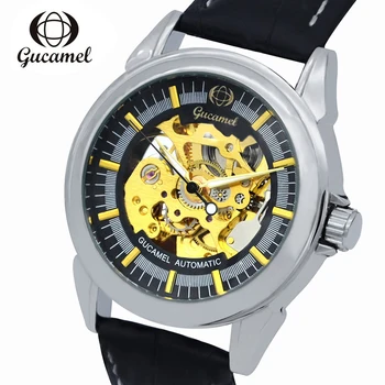 

GUCAMEL Top Fashion Automotic Mechanical Men Watch Skeleton Luxury Brand Male Wristwatch Military Business Leather Strap Watches