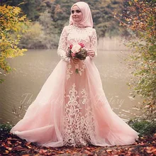 Romantic Long Sleeve Muslim Prom Dresses Blush Pink with Hijab Appliqued Lace Luxury Customize Women Formal Party Dress
