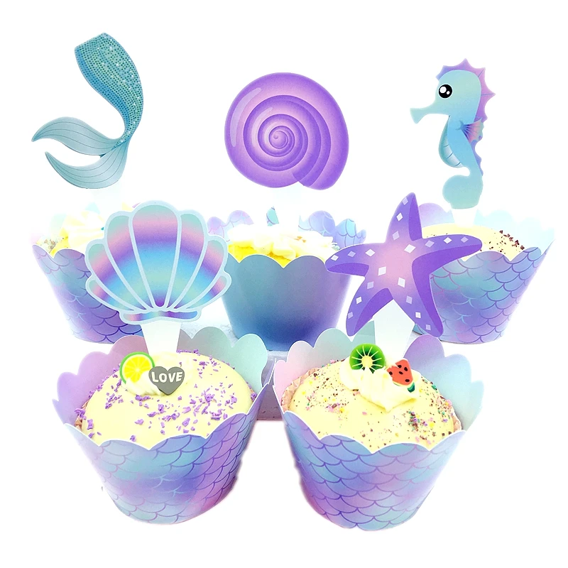 

40pcs Little Mermaid Princess Tail Marine Animal Cake Toppers Cupcake Wrappers pick Wedding Decoration Birthday Party Supplies