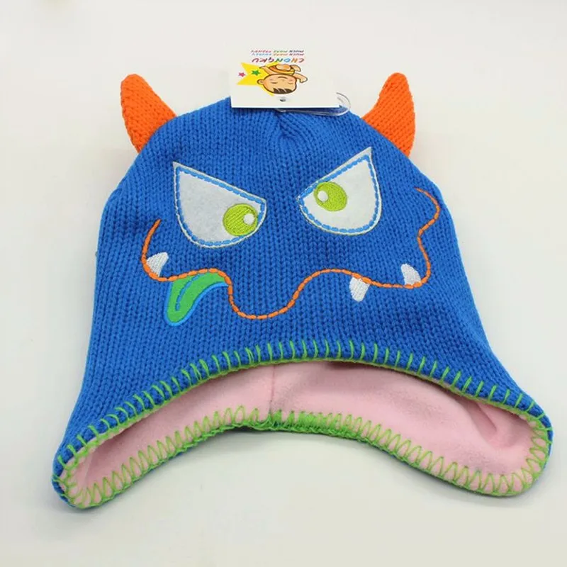 Kids Beanies Cute Cartoon Horn Caps Funny Face Embroidery Skullies Children Knit Wool Fleece Hats Boys Girls Winter Accessories (1)