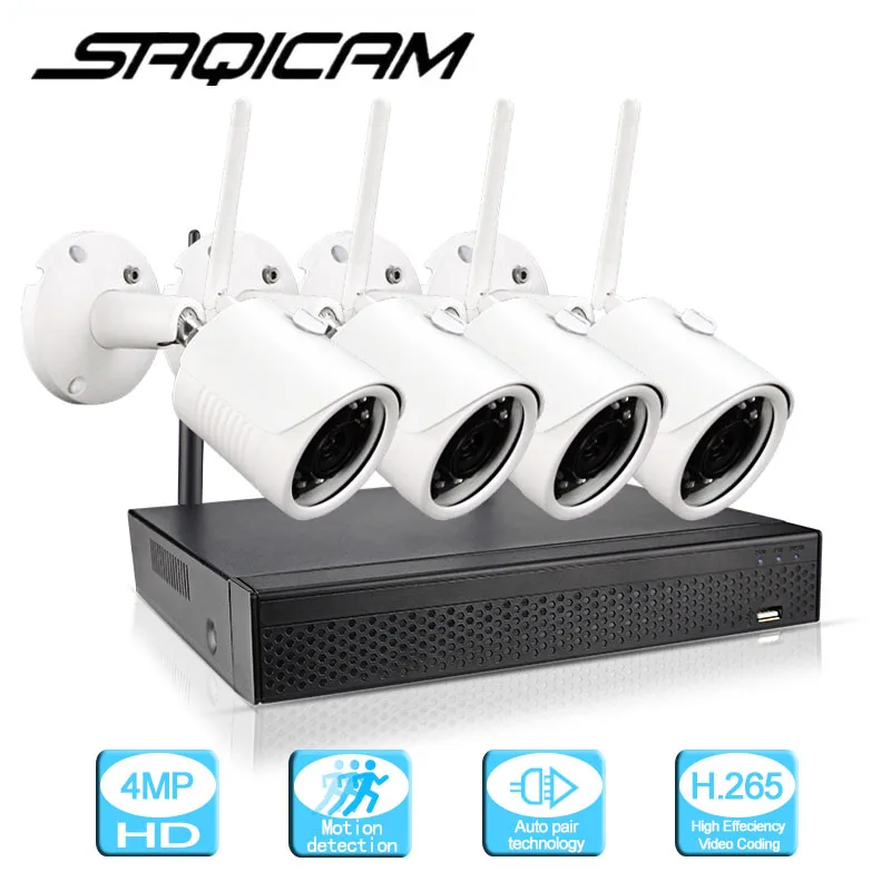 Saqicam 4CH Беспроводная система охранной камеры H.265 CCTV WIFI NVR комплект 4MP IR наружная