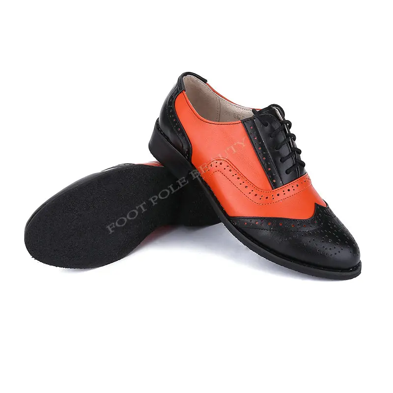 Размеры 33-47; оксфорды с перфорацией типа «броги»; женские оксфорды ручной работы из натуральной кожи; цвет черный, серебристый; женская обувь на плоской подошве; Мокасины - Цвет: Black  orange