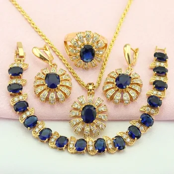 

WPAITKYS Trendy Blue Cubic Zirconia Gold Color Jewelry Sets For Women Earrings Necklace Pendant Ring Bracelet Free Gift Box