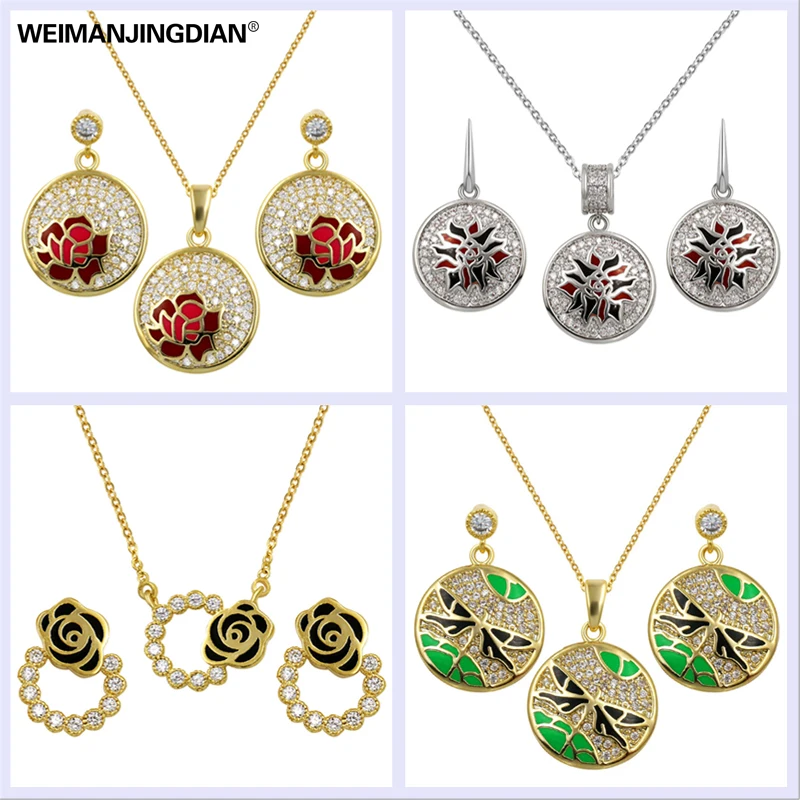 

WEIMANJINGDIAN Top Quality Cubic Zirconia Round Shape Enamel Flower and Animals CZ Necklace and Earrings Set for Women