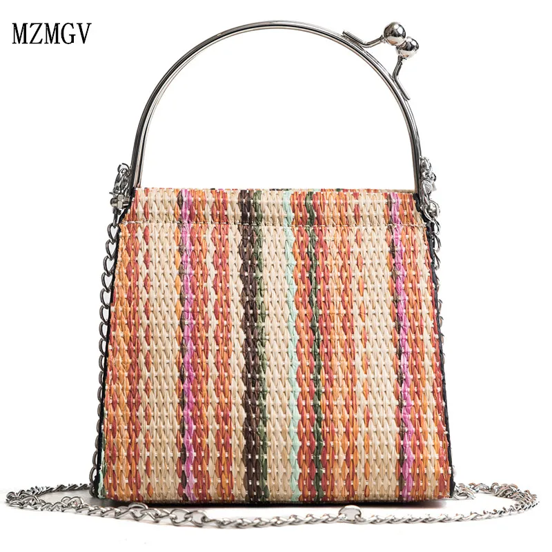 

2019 new retro handmade messenger bag leather square straw rainbow beach bag girl round rattan bag small wave simea shoulder