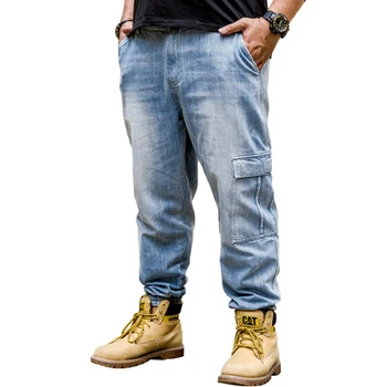 

Big Size Men Bike Jeans 2019 Spring New Multi Pockets Embroidery Harem Pants Brand Denim Trousers Male Black Blue 40 42 44 46