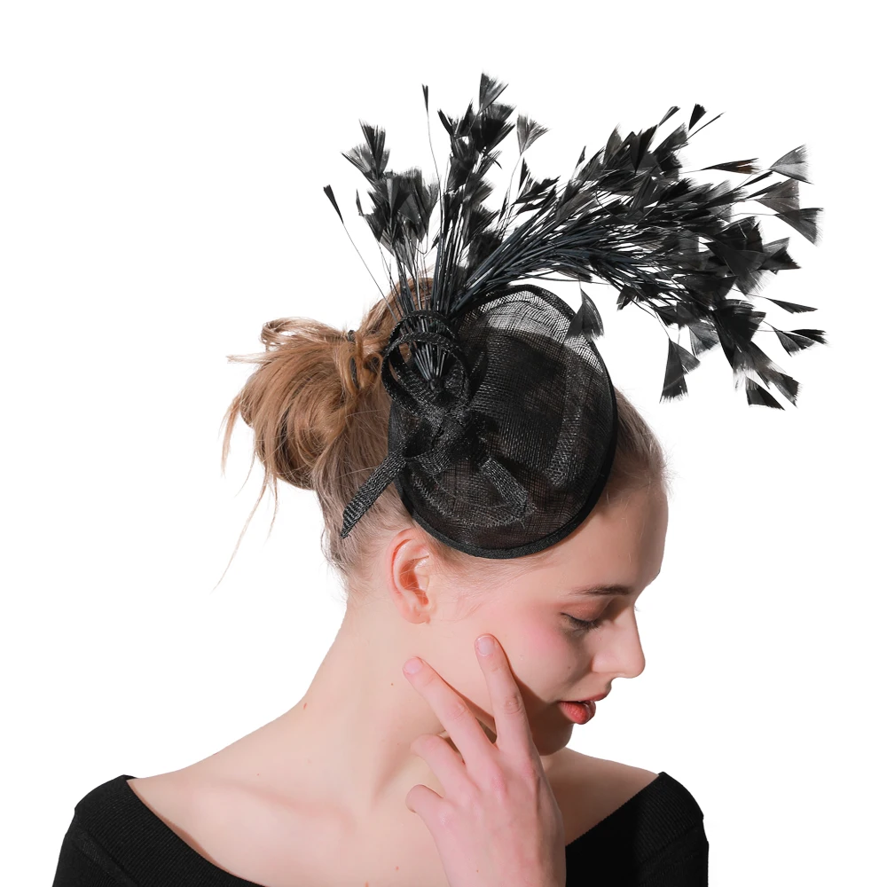 

Women Sinamay Black Fascinators Headband With Feather Event Millinery Hats Ladies Wedding Headwear Cocktail Party Headpiece