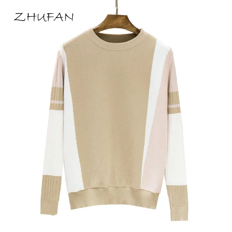 Women Sweaters Long Sleeve Autumn Cotton Round Neck Pullovers Knitted Winter Casual Black Loose Contrast Patchwork Warm Sweater | Женская
