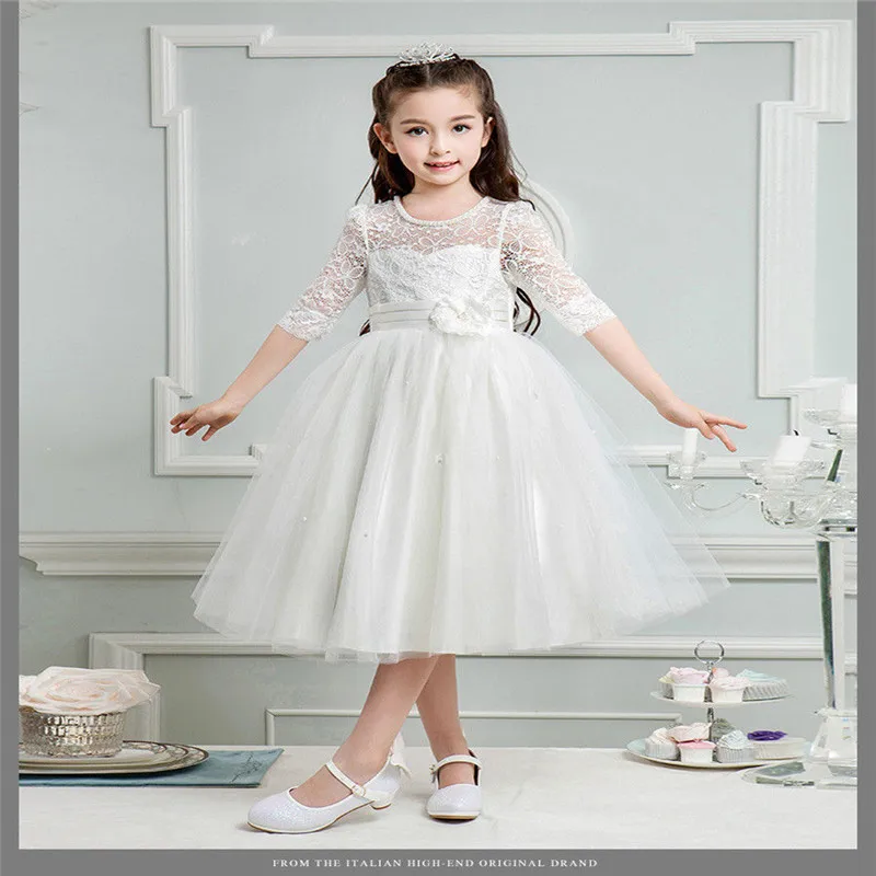 4 до 10 т малышей Детское платье для девочек Лидер продаж с длинным рукавом Кружево шифон принцесса Свадьба невесты Праздничное платье