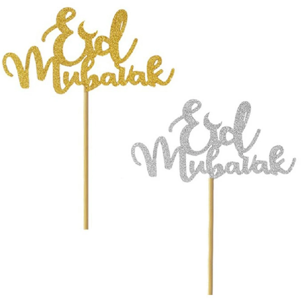 

High Quality Glitter Paper Happy Eid Mubarak Cupcake Toppers For Muslim Eid Party Decoration Gold Silver Eid Decor 20pcs/lot