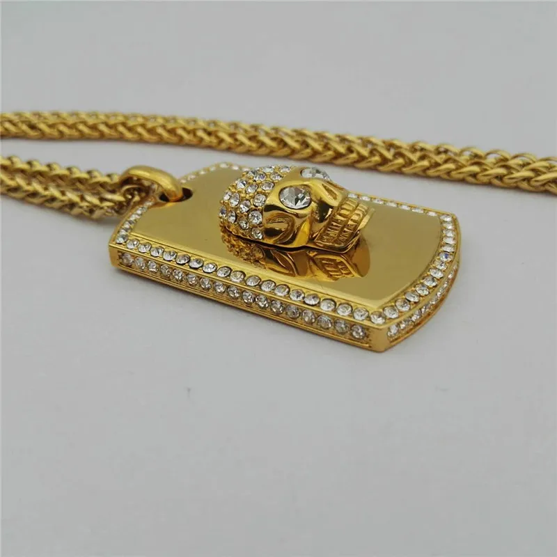 Хип хоп из нержавеющей стали Iced Out Bling Стразы кулон в форме Черепа скелета с цепями