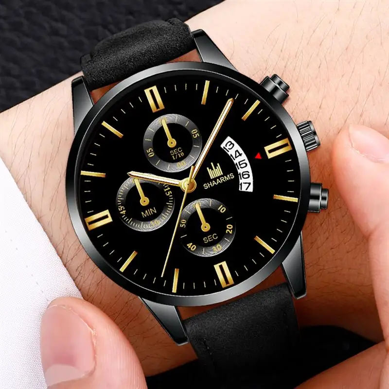 

Fashion Men Luxury Sport Watch Black Leather Band Stainless Steel Case Quartz Wristwatch Male Date Watches Casual Reloj Hombre