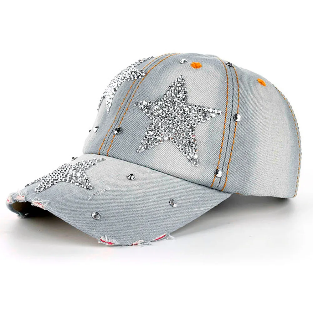 

KLV Fashion Baseball Cap Unisex Women Men Stars Denim Rhinestone Baseball Cap Snapback Hip Hop Flat Hat For 2018